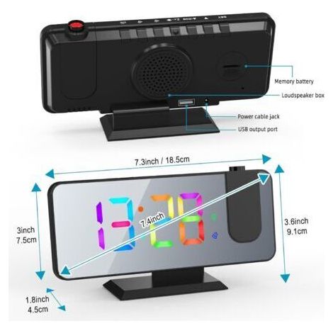 Réveil projecteur 7,4 pouces, horloge numérique avec port USB, 5 niveaux de luminosité réglables, double alarme, fonction snooze, format 12/24 heures