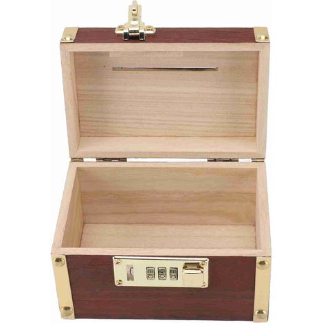 Coffre à argent en bois avec serrure à code, style rétro coffre au trésor pour billets et pièces, avec poignée et bords finis (1/5)