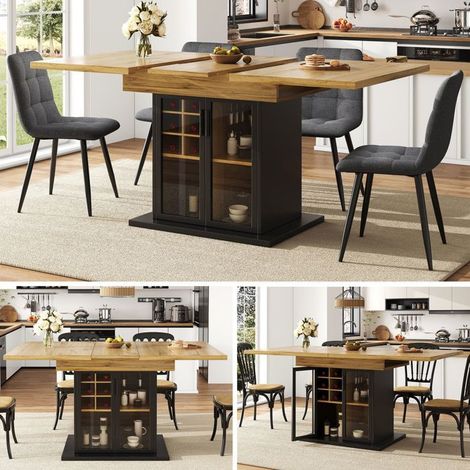 Table Extensible 110-140 x 80 cm 4 à 6 places Mécanisme télescopique Plateau rabattable Casier à bouteilles Porte vitrée marron (1/5)