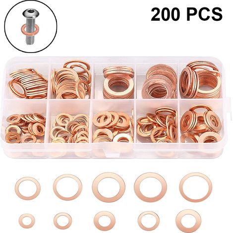 Assortiment de 200 rondelles plates en cuivre M5-M14, joints toriques en cuivre, kit de joints d'étanchéité métriques, 9 tailles (1/4)