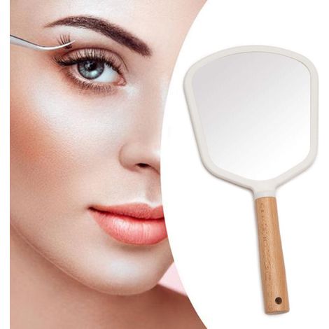 Miroir à main en bois pour maquillage, miroir de voyage portable, miroir de toilette avec manche en bois, accessoire de beauté pratique, format compact. (1/5)