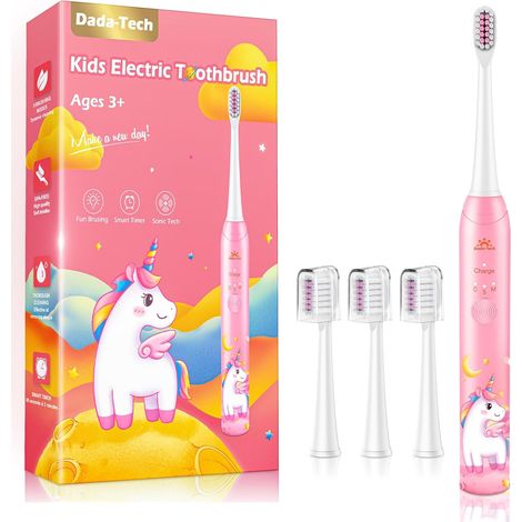 Brosse à Dents Électrique Enfant 3-6-8-12-18 Ans, Brosse a Dent Electrique Enfant Rechargeable Avec Minuteur, Autocollants pour Habitudes et 4 Têtes Douces Pour Kids Filles Et Garçons (Licorne Rose) (1/5)