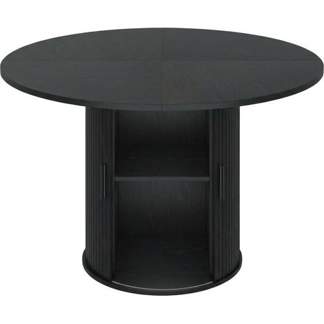 Table Ronde en Bois, Rangement Intégré, 120 cm Table à Manger Ronde, 4 à 6 Personnes, Double Étagère Et Porte Coulissante, Noir