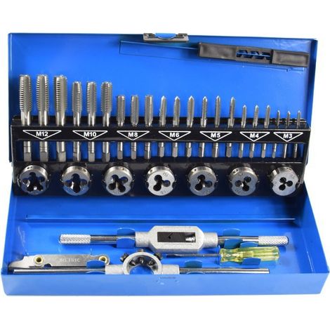BRAVIX Coffret tarauds et filières 32 PCS HSS Jeu de tarauds et matrices Clés métriques coupées M3-M12 Outil de filetage à la main Taraud en carbure de tungstène