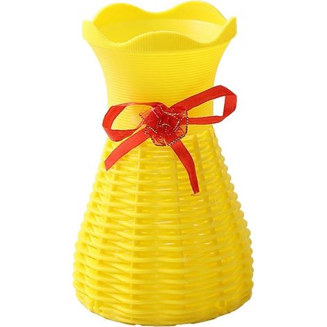 Vase en plastique jaune, 8,5 x 16 cm – vase tressé en forme de panier – parfait pour les fleurs séchées et la décoration moderne. (1/5)