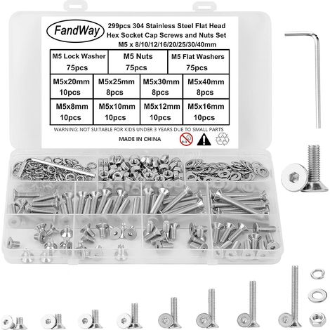 299 Pièces Boulon et écrous Rondelles Set,M5 Vis à Six Pans Creux Vis à Tête Fraisée Hexagonale DIN 7991,Vis à Métaux Tête Plate en Acier Inoxydable 304 Assortiment Kit Avec 1 Clés Allen. (1/5)