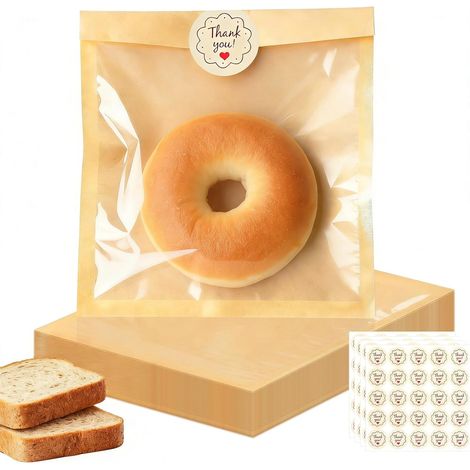Pièces Petit Sachet Kraft avec Fenêtre et des Autocollants, 18×19 cm Sachet Alimentaire Papier Sacs à Pain Faits Maison, pour Biscuits Parts de Gâteau Beignets Muffins Bonbons Etc (1/5)