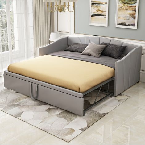 Canapé-lit 90/180/200 cm gris en velours extensible avec sommier à lattes (1/5)