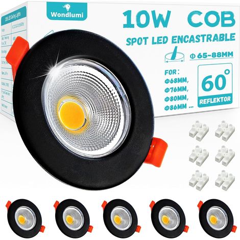 10W Spot LED Encastrable Noir Dimmable Extra Plat,4000K Blanc Neutre COB,850LM 220V,Trou 65-88mm,Spot de Plafond Blanc Pour Cuisine Chambre Salon Lot de 6 (1/5)