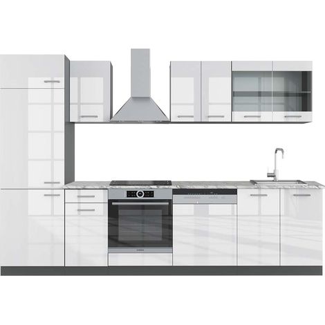Cuisine R-Line, Blanc brillant/Anthracite, 300 cm , PT Marbre, Vicco