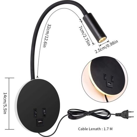 Lampe de Lecture LED Col de Cygne 3W+8W Lampe Murale Lampe de Lit Luminaire Murale avec Interrupteur