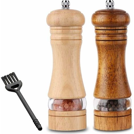 Lot de 2 Moulins à Poivre et Sel, Manuel Moulins à Épices, Moulin à Poivre en Bois, Réglables Broyeur d'Épices en Céramique, Salière et poivrière,avec Brosse de Nettoyage, Hauteur 16,5 cm (1/5)