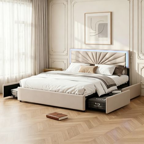 Lit double 160x200 cm avec 4 tiroirs, Tête de lit éclairée LED, Tissu lin capitonné beige (1/5)