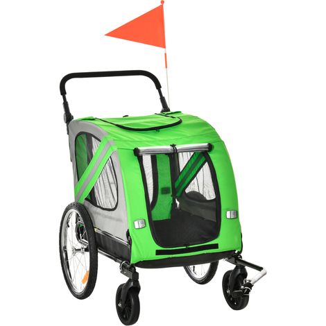 Rimorchio Bici e Passeggino per Cani 2 in 1, Carrello Bici in Acciaio e Tessuto Oxford con Catarifrangenti e Bandierina, Verde