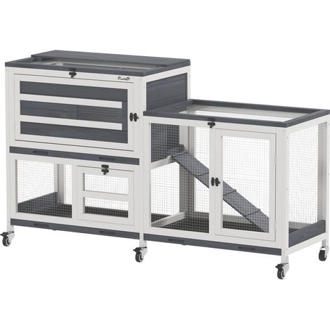 Clapier en bois avec enclos, clapier à 2 niveaux pour cochons d'Inde avec enclos, roues, 3 plateaux en plastique, 2 toits ouvrants, pour 2 à 3 lapins