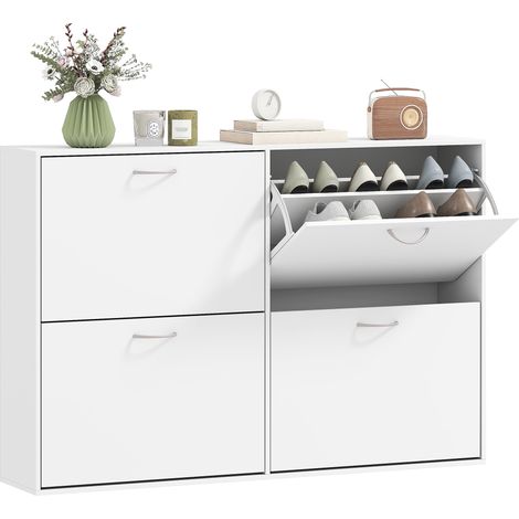 Armoire à chaussures 120 x 24 x 81 cm 4 portes double niveau gain de place moderne épuré en panneaux de particules blanc (1/5)