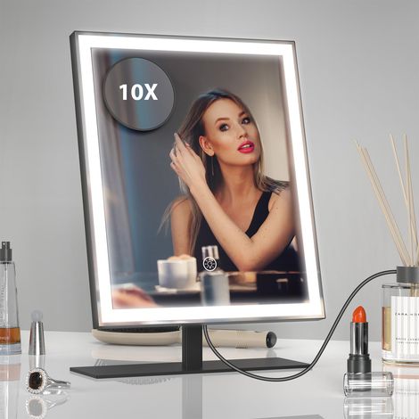 Espejo de maquillaje con luz, espejo de intensidad regulable con aumento de 10x extraíble, 3 modos de color, espejo LED para maquillaje, negro (1/5)