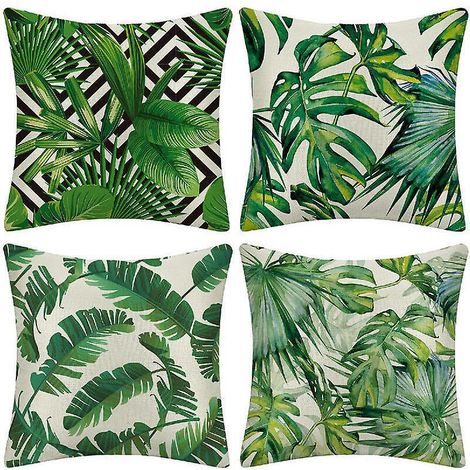 lot De 4 Extrieur Housse De Coussin 45x45cm, Impermable Plante Tropicale Verte Motif Canap Taie D'oreiller Pour Patio Jardin Salon Chambre Dcorati (1/5)