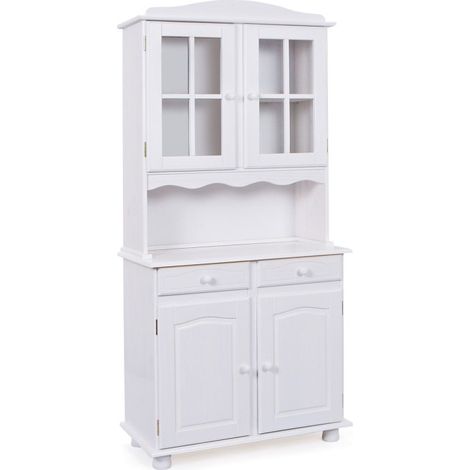 Paris Prix – Vaisselier 4 portes en pin massif – Dimensions L. 88 x P. 43 x H. 198 cm – Couleur blanche – Glissière métallique