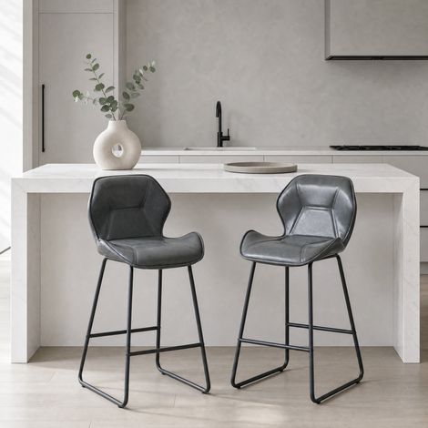 Set di 2 sgabelli da bar in ecopelle con schienale, struttura in metallo, grigio (1/5)