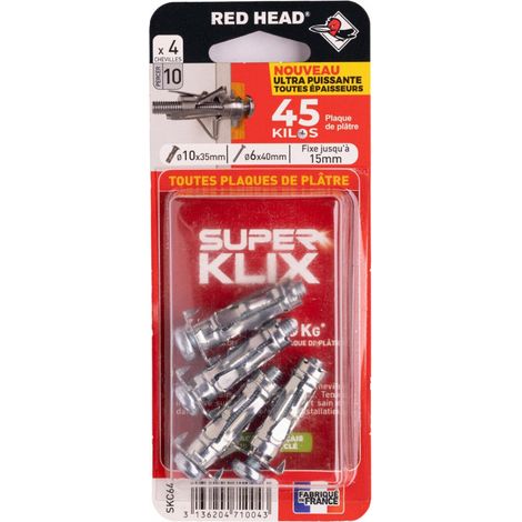 Set bestehend aus 4 Dübeln (10 mm Durchmesser x 35 mm Länge) und Dübeln mit rotem Kopf (6 mm Durchmesser x 40 mm Länge). RED HEAD