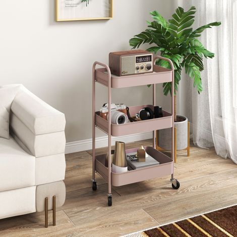 Servierwagen aus Stahl mit Stauraum, fahrbar, 3 perforierte Ablagen, 45 x 30,6 x 79 cm, rosa (1/5)