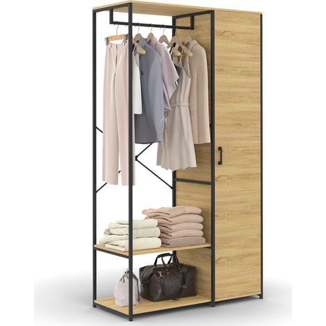 Idmarket – Dressing penderie avec porte L. 90 cm – Structure métal et panneaux de particules – Étagères ouvertes et fermées – Design industriel (1/5)