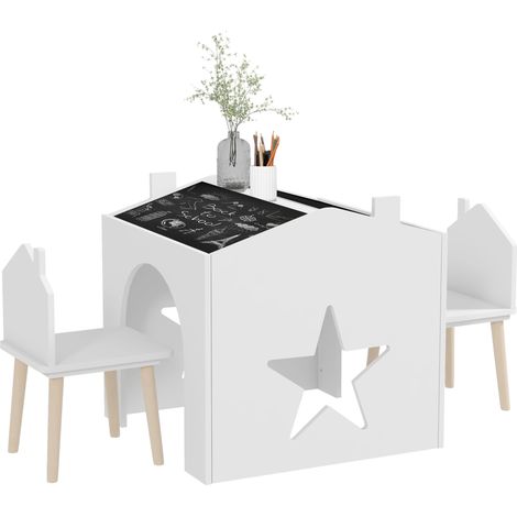 3-teiliges Kindertisch- und Stuhlset (1 Tisch und 2 Stühle), Tafeloberfläche, Beine aus MDF und Kiefernholz, für Kinder von 3–8 Jahren, weiß