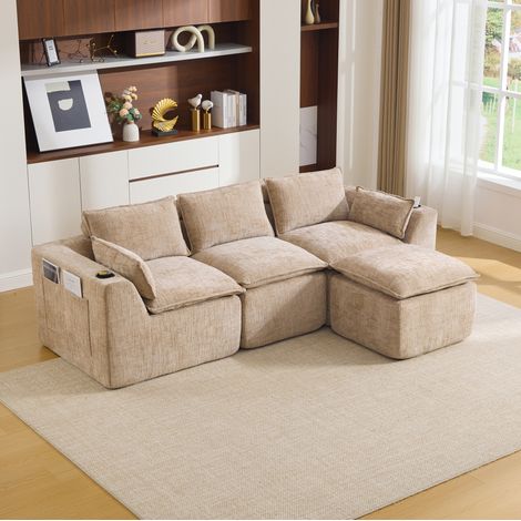 FloraGrace Canapé modulable 3 places, 256 x 161 x 75 cm, chenille khaki, coussins et poches latérales (1/5)