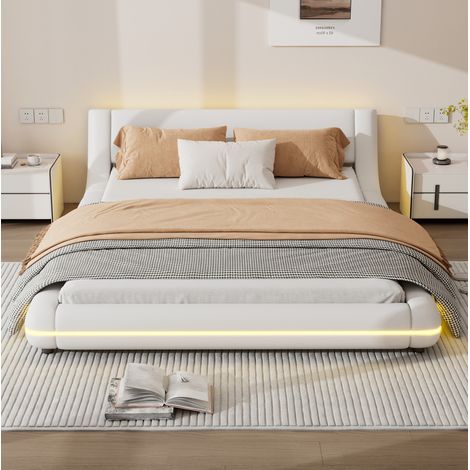 Lit au sol moderne en PU blanc 140x200 cm avec tête de lit basse, sommier à lattes et éclairage LED (1/5)