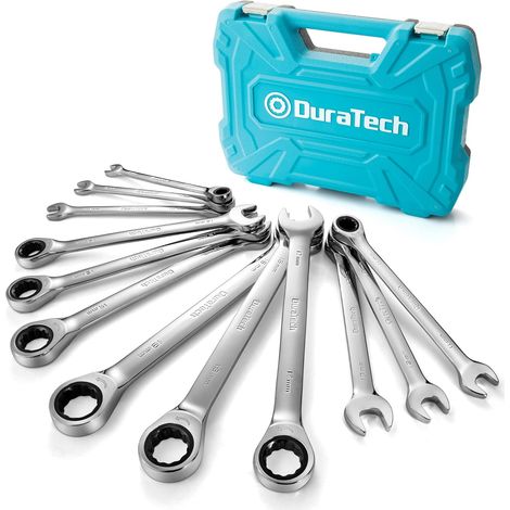 Lot de 12 Clés Plate à Cliquet 8-19 mm, Ensemble tête Fixe et Extrémité Ouverte, Métrique, Acier Cr-V, Organisé dans un Coffret Rangement - (1/5)