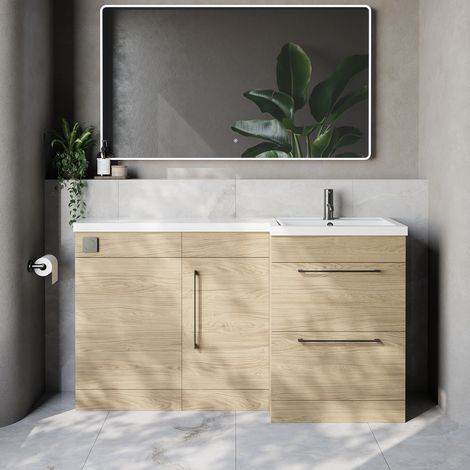 Napoli 390 Light Oak 1500mm 2 Drawer Vanity Unit Toilet Suite with Right Hand Square Lucia Basin - 1500mm - Gunmetal Grey 320mm HandleWithout Kingston Toilet Pan