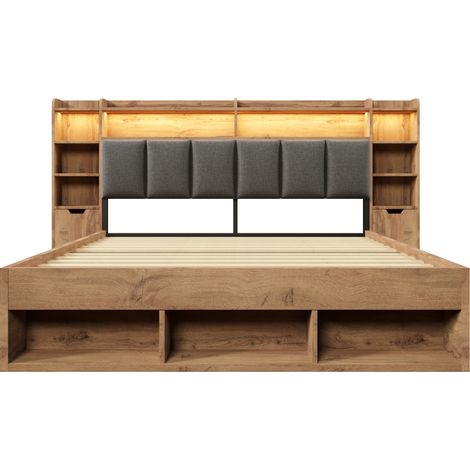 Cama doble 160x200 cm en roble con cabecero tapizado, LED, USB y USB-C, con almacenaje (1/5)