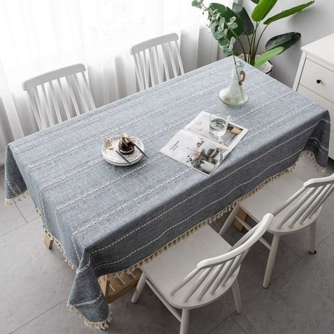 Nappe de table en coton et lin lavable, couverture de table élégante pour repas et pique-nique (rayures grises, 110 x 170 cm) (1/4)