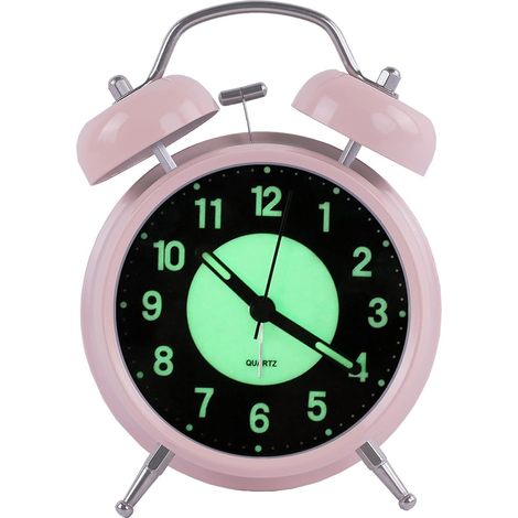 Réveil rétro lumineux 10 cm (rose), réveil silencieux à quartz pour le matin, réveil de voyage analogique pour enfants, double sonnerie, fonctionne sur piles. (1/5)
