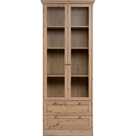 Calicosy – Vitrine 2 portes 2 tiroirs 80x45x200 cm panneaux de particules mélaminés – Décor chêne vintage – Pour salon élégant (1/5)