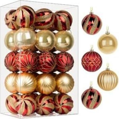 Lot de 30 Pcs 60mm Boules de Noël colorées en Plastique incassable pour Sapin de Noël, décoration de fête, Mariage,Or & Rouge (1/5)