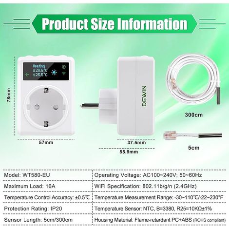 Prise de Thermostat, régulateur de température de Thermostat de Prise Intelligente WiFi Chauffage et Refroidissement WT580-EU (1/3)
