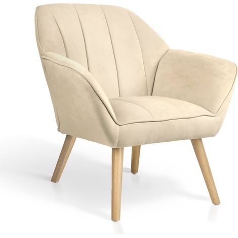 HISPANOHOGAR, Butaca de respaldo bajo en terciopelo beige con patas en madera natural natural 75x78x77