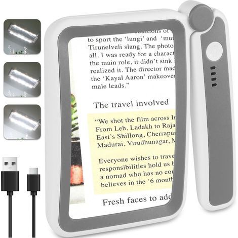 Rechargeable magnifying glass with light for reading, large format 4X magnifier with LED light, foldable and portable for reading small print. (1/5)