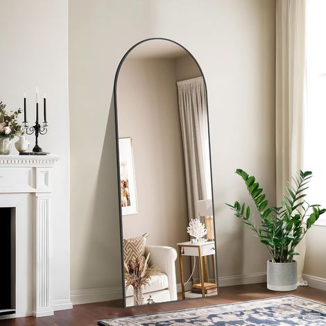 Miroir sur Pied 165 x 60 cm, Grand Miroir Mural en Pleine Longueur avec Cadre en Aluminium Noir, Miroir Arqué pour Salle de Bain, Chambre, Entrée et Couloir (1/5)