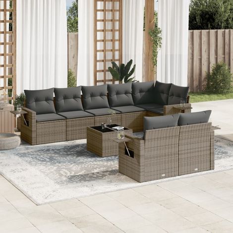 Ensemble Salon Jardin 7 Places Modulable, Coussins Gris, Résine Tressée, Housse Lavable, Tables d'Appoint (1/5)