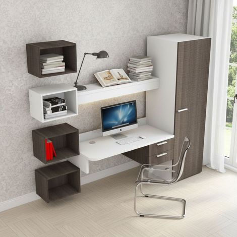 Scrivania sospesa design con mensola luminosa, pensili e armadio - Bianco e Olmo (1/5)