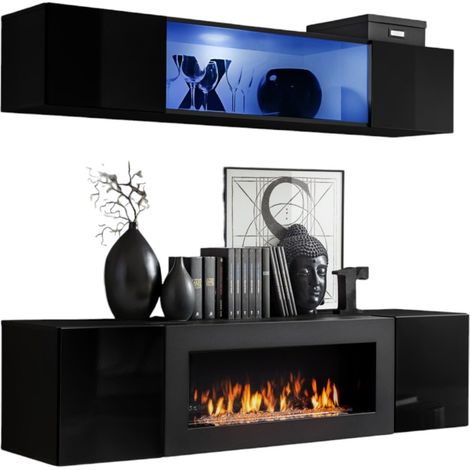 Mobili sospesi con camino decorativo FLY N3 – Nero – Mobile TV sospeso di design per il tuo soggiorno