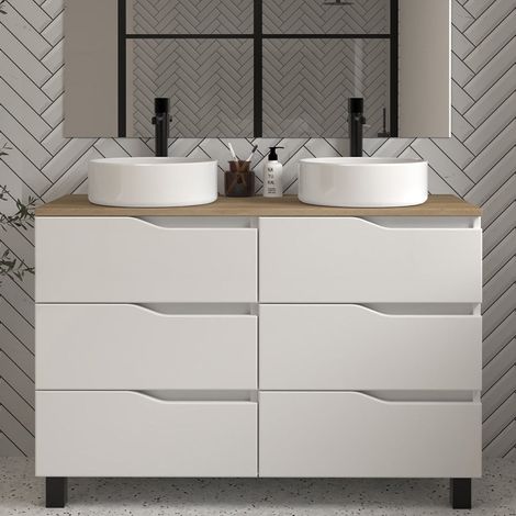 Meuble de salle de bain 120cm avec plateau miel et vasque à poser - sans miroir - 6 tiroirs - blanc - MATA (1/4)