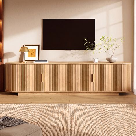 Meuble TV 180 cm avec 4 Portes à Motif Ondulé - poignée en métal, extérieur à rayures en bois, Meuble TV Moderne et Élégant pour Salon - Naturel