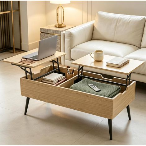 Table basse en panneaux de particules et métal 100 x 50 x 43,6 cm noir/effet bois, relevable (1/5)