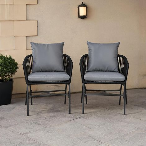Ensemble de 2 chaises de jardin Boho avec coussins métal noir (1/5)