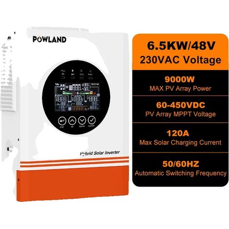 Inversor solar híbrido, 6500 W, 540 x 390 x 210 mm, potencia máxima de 12 kVA, corriente de salida de 28,26 A, rango MPPT de 60-450 V. (1/5)