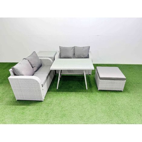 Fimous 5 Seater Outdoor Love Sofa Set Rattan Garden Furniture Set with Rectangular Dining Table Side Table Big Footstool Light Grey (1/4)